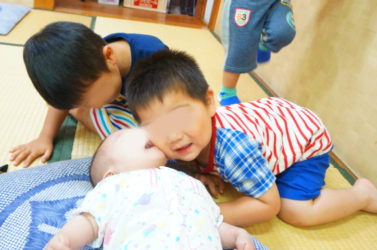 先輩たちに、もみくちゃにされる赤ちゃん